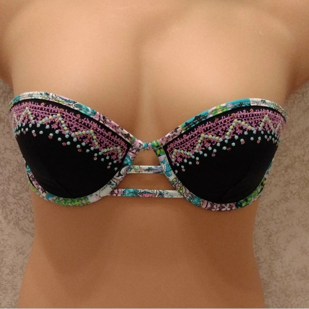 Victoria's Secret Bali Black and Multicolor Embroidered Bikini Top
